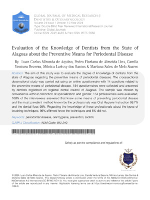 Evaluation of the Knowledge of Dentists from the State of Alagoas about the Preventive Means for Periodontal Disease