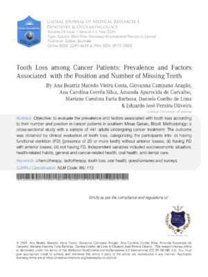 Tooth Loss among Cancer Patients: Prevalence and Factors Associated with the Position and Number of Missing Teeth