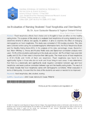 An Evaluation of Nursing Students’ Food Neophobia and Diet Quality