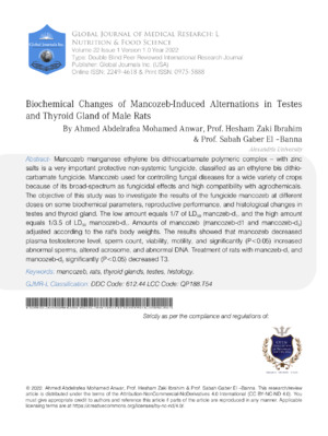 Biochemical Changes of Mancozeb-Induced AlteBiochemical Changes of Mancozeb-Induced Alternations in Testes and Thyroid gland of Male Ratsrnations in Testes and Thyroid gland of Male Rats