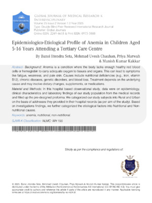 Epidemiologico-Etiological Profile of Anemia in Children Aged 5-16 Years Attending a Tertiary Care Centre