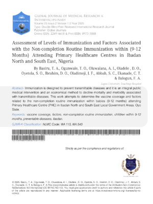 Assessment of Levels of Immunization and Factors Associated with the Non-completion Routine Immunization within (9-12 Months) Attending Primary Healthcare Centres in Ibadan North and South East, Nigeria
